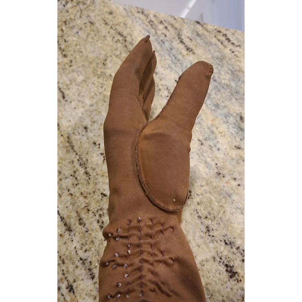 Vtg Size 7.5 L/XL Brown Stretch Hand Stitched Beaded Formal 10